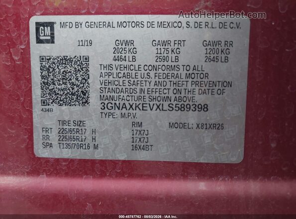 3GNAXKEVXLS589398 2020 CHEVROLET EQUINOX Red ძრავის განყოფილების ხედი