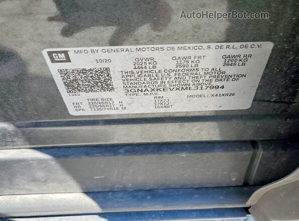 3GNAXKEVXML317994 2021 CHEVROLET EQUINOX Teal Вид наклейки з VIN-кодом