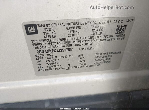 3GNAXKEX1JS517651 2018 CHEVROLET EQUINOX Silver Widok komory silnika