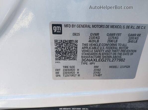 3GNAXLEG2TL277982 2026 CHEVROLET EQUINOX White ძრავის განყოფილების ხედი