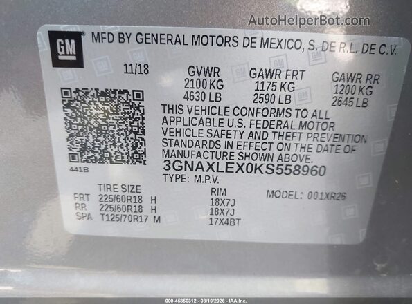 3GNAXLEX0KS558960 2019 CHEVROLET EQUINOX Gray ძრავის განყოფილების ხედი