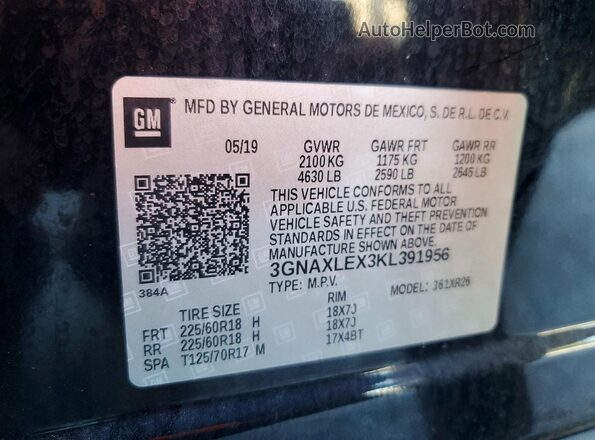 3GNAXLEX3KL391956 2019 CHEVROLET EQUINOX Black VIN კოდის სტიკერის ხედი