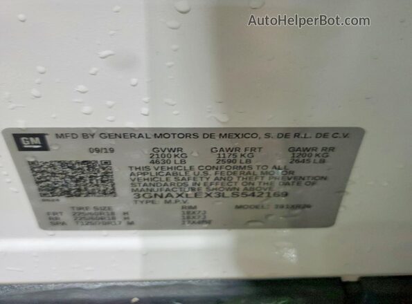 3GNAXLEX3LS542169 2020 CHEVROLET EQUINOX White VIN sticker view