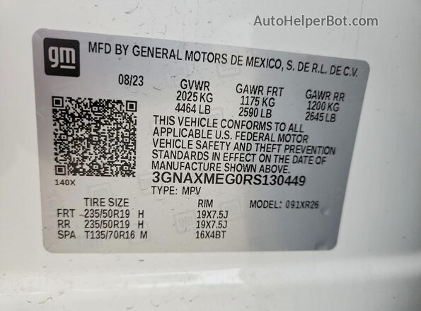 3GNAXMEG0RS130449 2024 CHEVROLET EQUINOX White VIN კოდის სტიკერის ხედი