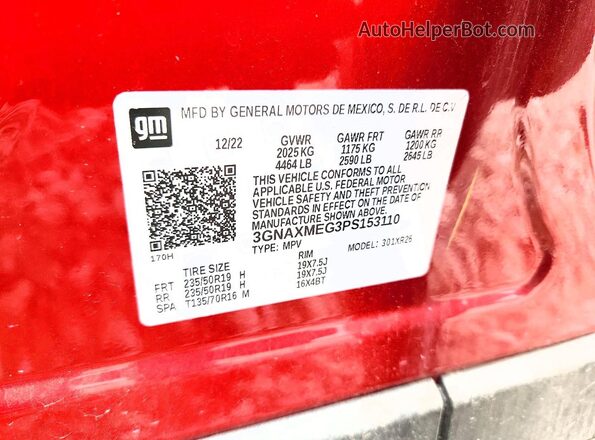 3GNAXMEG3PS153110 2023 CHEVROLET EQUINOX Red Widok naklejki z numerem VIN