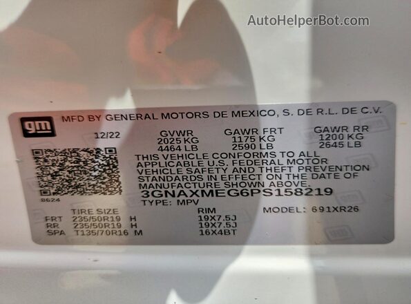 3GNAXMEG6PS158219 2023 CHEVROLET EQUINOX White Vista de la etiqueta del VIN