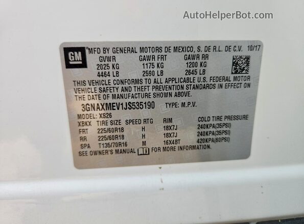 3GNAXMEV1JS535190 2018 CHEVROLET EQUINOX White Вид наклейки з VIN-кодом