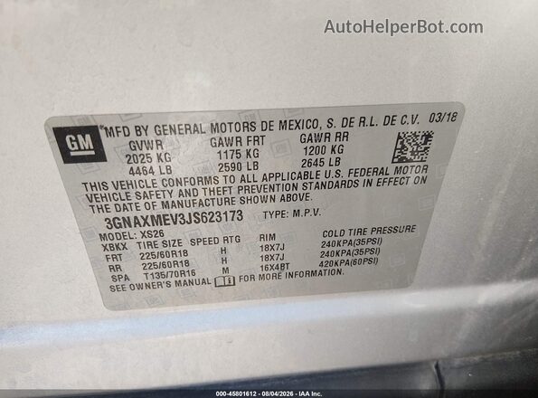 3GNAXMEV3JS623173 2018 CHEVROLET EQUINOX Silver Вид підкапотного простору