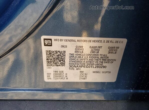 3GNAXPEG0TL280290 2026 CHEVROLET EQUINOX Blue Vista de la etiqueta del VIN