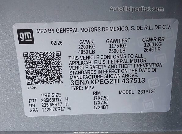 3GNAXPEG2TL437513 2026 CHEVROLET EQUINOX Gray Вид підкапотного простору