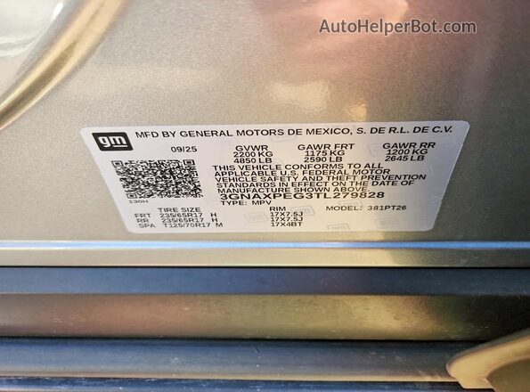 3GNAXPEG3TL279828 2026 CHEVROLET EQUINOX Silver Vista de la etiqueta del VIN