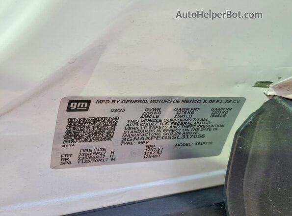 3GNAXPEG5SL317056 2025 CHEVROLET EQUINOX White Vista de la etiqueta del VIN