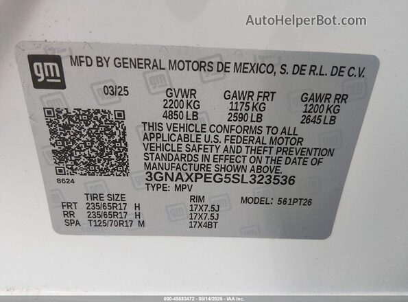 3GNAXPEG5SL323536 2025 CHEVROLET EQUINOX Белый Вид подкапотного пространства