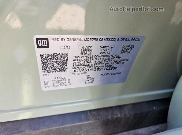 3GNAXPEG6SL208802 2025 CHEVROLET EQUINOX Green VIN կոդի պիտակի տեսք
