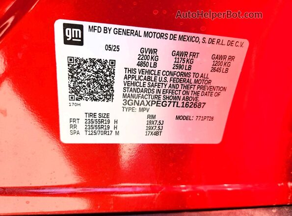 3GNAXPEG7TL162687 2026 CHEVROLET EQUINOX Бордовый Вид наклейки с VIN-кодом