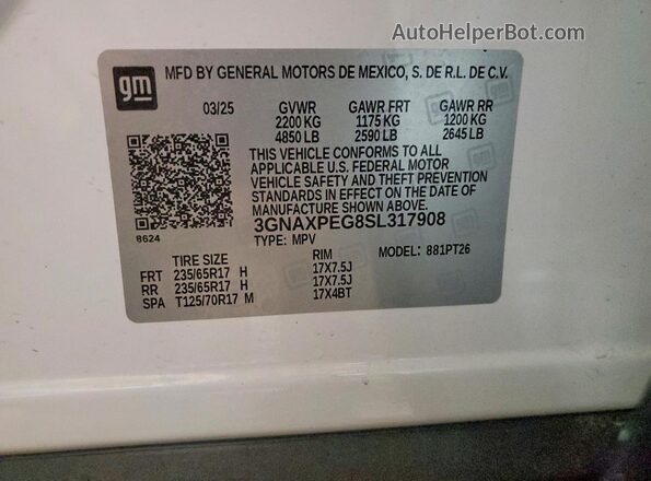 3GNAXPEG8SL317908 2025 CHEVROLET EQUINOX White VIN sticker view