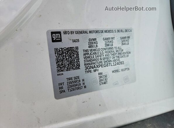 3GNAXPEG8TL124093 2026 CHEVROLET EQUINOX White VIN კოდის სტიკერის ხედი