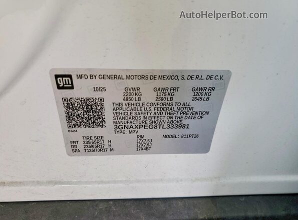 3GNAXPEG8TL333981 2026 CHEVROLET EQUINOX White Widok naklejki z numerem VIN