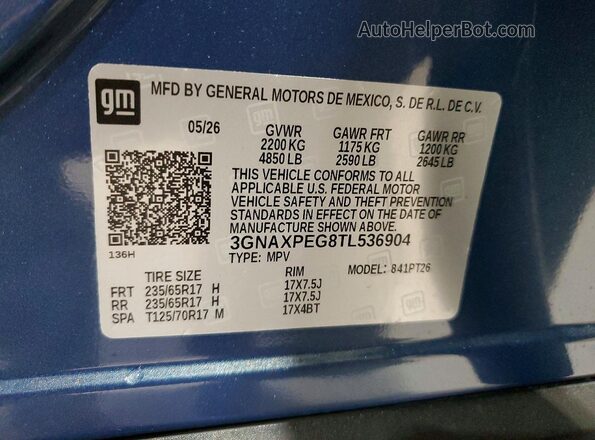 3GNAXPEG8TL536904 2026 CHEVROLET EQUINOX Blue VIN կոդի պիտակի տեսք