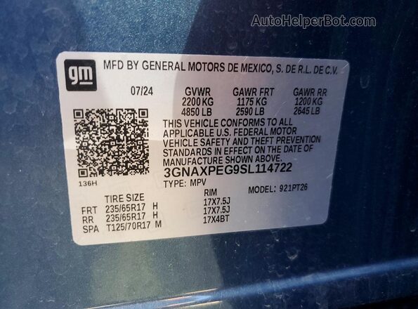 3GNAXPEG9SL114722 2025 CHEVROLET EQUINOX Blue VIN კოდის სტიკერის ხედი