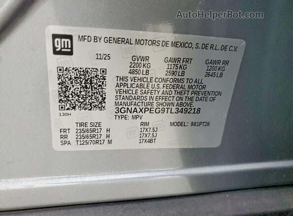 3GNAXPEG9TL349218 2026 CHEVROLET EQUINOX Gray Vista de la etiqueta del VIN