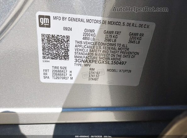3GNAXPEGXSL150497 2025 CHEVROLET EQUINOX Серебряный Вид подкапотного пространства