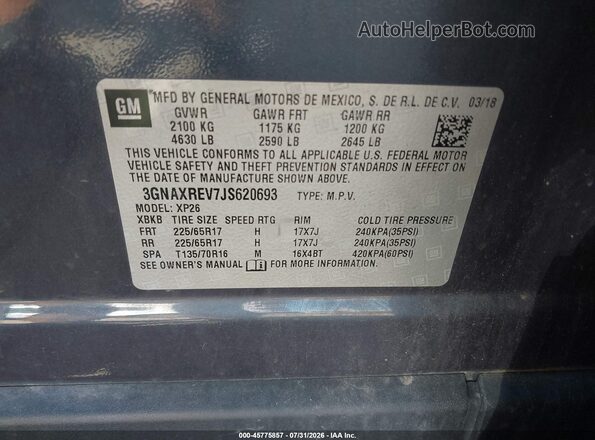 3GNAXREV7JS620693 2018 CHEVROLET EQUINOX Blue Vista del compartimento del motor