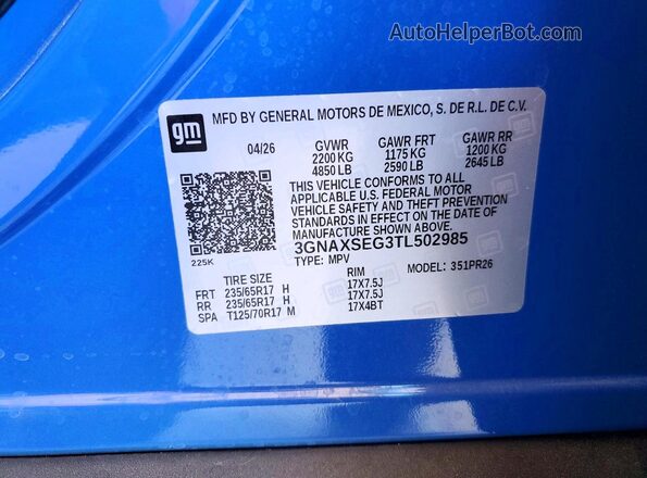 3GNAXSEG3TL502985 2026 CHEVROLET EQUINOX Blue VIN sticker view