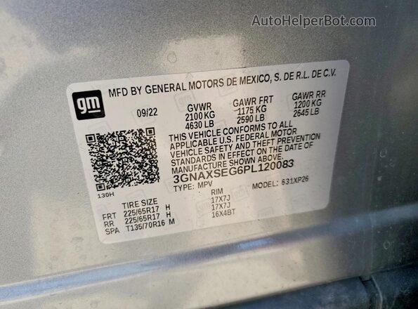 3GNAXSEG6PL120083 2023 CHEVROLET EQUINOX Silver VIN sticker view