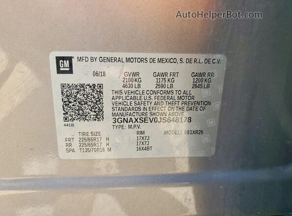 3GNAXSEV0JS648178 2018 CHEVROLET EQUINOX Charcoal Вид наклейки з VIN-кодом