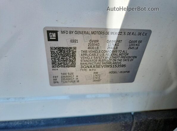 3GNAXSEV0MS153595 2021 CHEVROLET EQUINOX White Вид наклейки з VIN-кодом