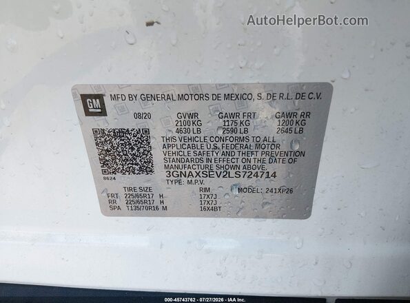 3GNAXSEV2LS724714 2020 CHEVROLET EQUINOX White Вид підкапотного простору
