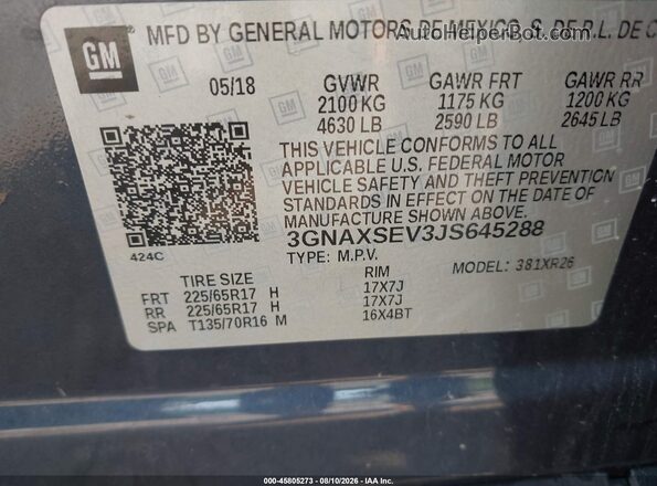 3GNAXSEV3JS645288 2018 CHEVROLET EQUINOX Синий Вид подкапотного пространства