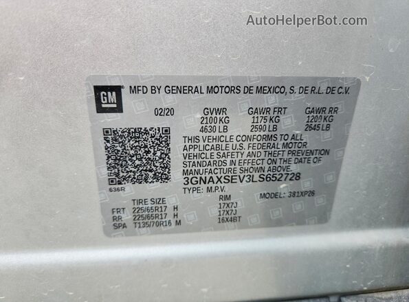 3GNAXSEV3LS652728 2020 CHEVROLET EQUINOX Silver Widok naklejki z numerem VIN