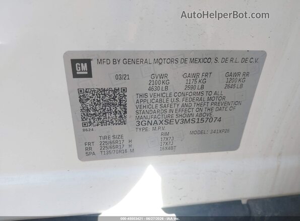 3GNAXSEV3MS157074 2021 CHEVROLET EQUINOX White Շարժիչի բաժամունքի տեսք