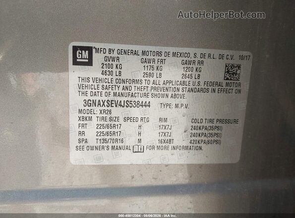 3GNAXSEV4JS538444 2018 CHEVROLET EQUINOX Gray Widok komory silnika