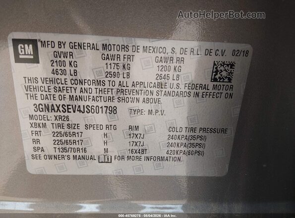 3GNAXSEV4JS601798 2018 CHEVROLET EQUINOX Beige Вид підкапотного простору