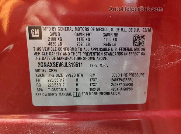3GNAXSEV6JL319611 2018 CHEVROLET EQUINOX Red Widok naklejki z numerem VIN