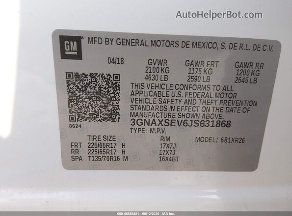 3GNAXSEV6JS631868 2018 CHEVROLET EQUINOX Белый Вид подкапотного пространства