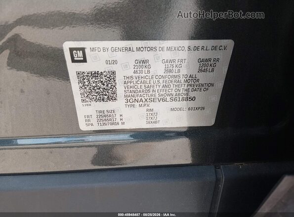 3GNAXSEV6LS618850 2020 CHEVROLET EQUINOX Серый Вид подкапотного пространства