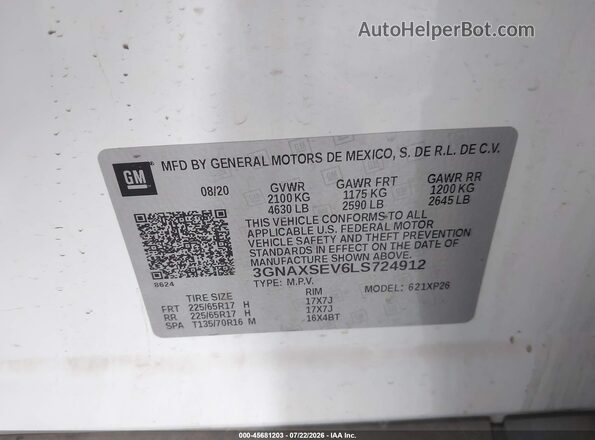 3GNAXSEV6LS724912 2020 CHEVROLET EQUINOX White Вид підкапотного простору