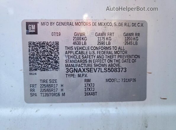 3GNAXSEV7LS508373 2020 CHEVROLET EQUINOX White VIN կոդի պիտակի տեսք
