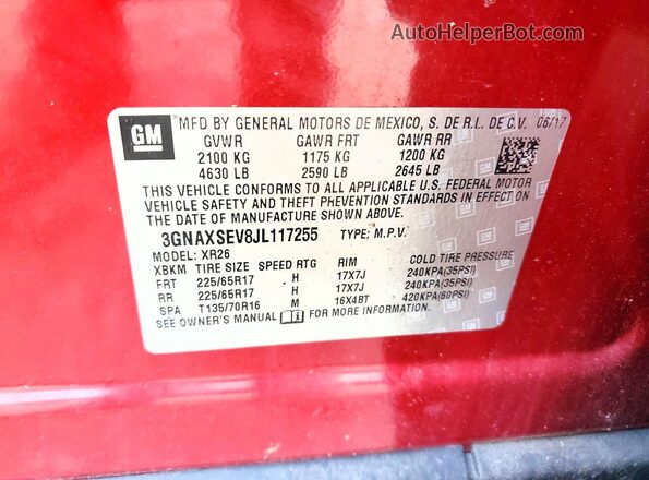 3GNAXSEV8JL117255 2018 CHEVROLET EQUINOX Красный Вид наклейки с VIN-кодом
