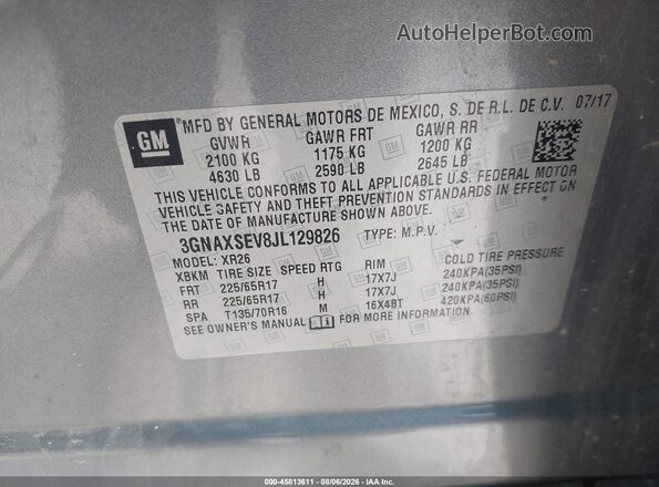 3GNAXSEV8JL129826 2018 CHEVROLET EQUINOX Серый Вид подкапотного пространства