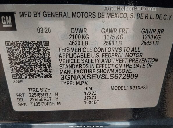 3GNAXSEV8LS672909 2020 CHEVROLET EQUINOX Синий Вид подкапотного пространства