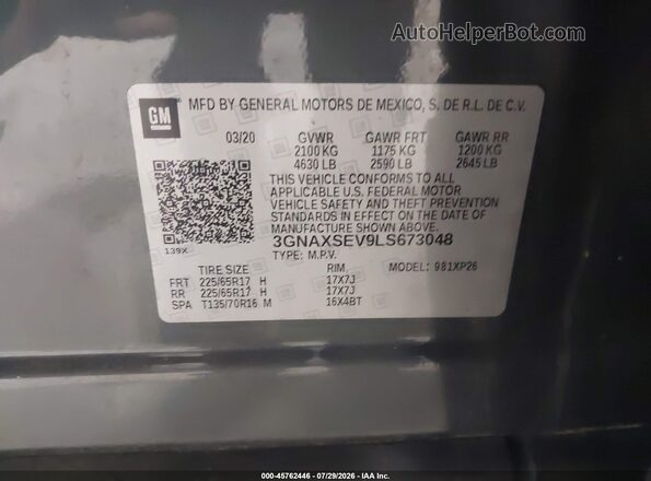 3GNAXSEV9LS673048 2020 CHEVROLET EQUINOX Gray Vista del compartimento del motor
