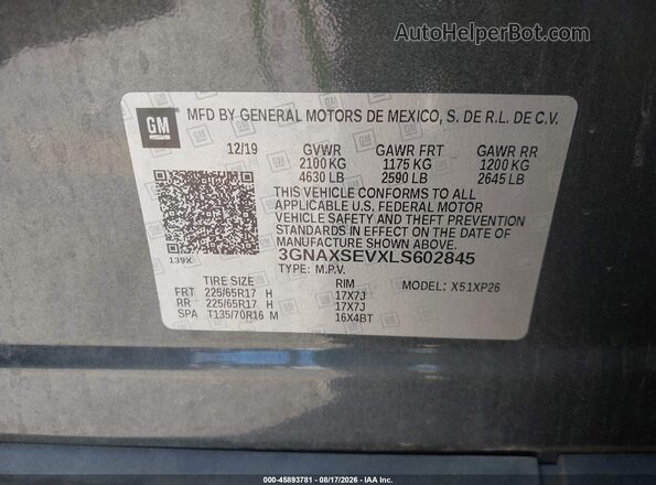 3GNAXSEVXLS602845 2020 CHEVROLET EQUINOX Gray ძრავის განყოფილების ხედი
