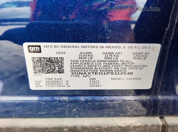 3GNAXTEG1PS112548 2023 CHEVROLET EQUINOX Blue Вид наклейки з VIN-кодом