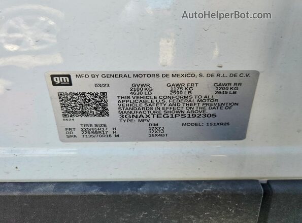 3GNAXTEG1PS192305 2023 CHEVROLET EQUINOX White Вид наклейки з VIN-кодом