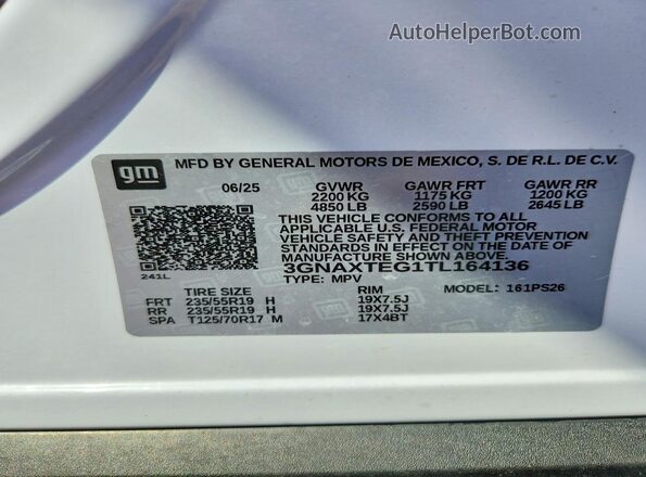 3GNAXTEG1TL164136 2026 CHEVROLET EQUINOX White Widok wnętrza 360 stopni